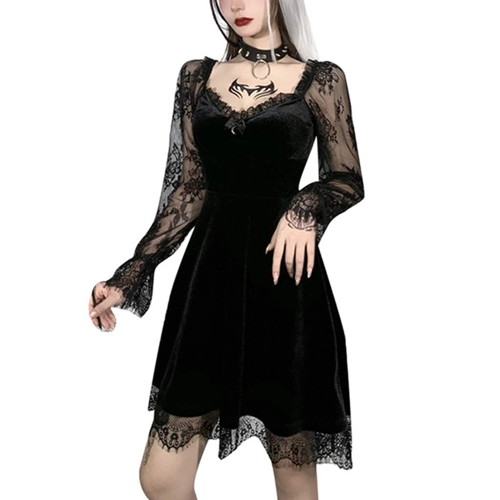 Women's Dress Gothic Style Female Dress Solid Color Lace Stitching V-Neck Long Flare Sleeve Party Clubwear For Ladies Y2k