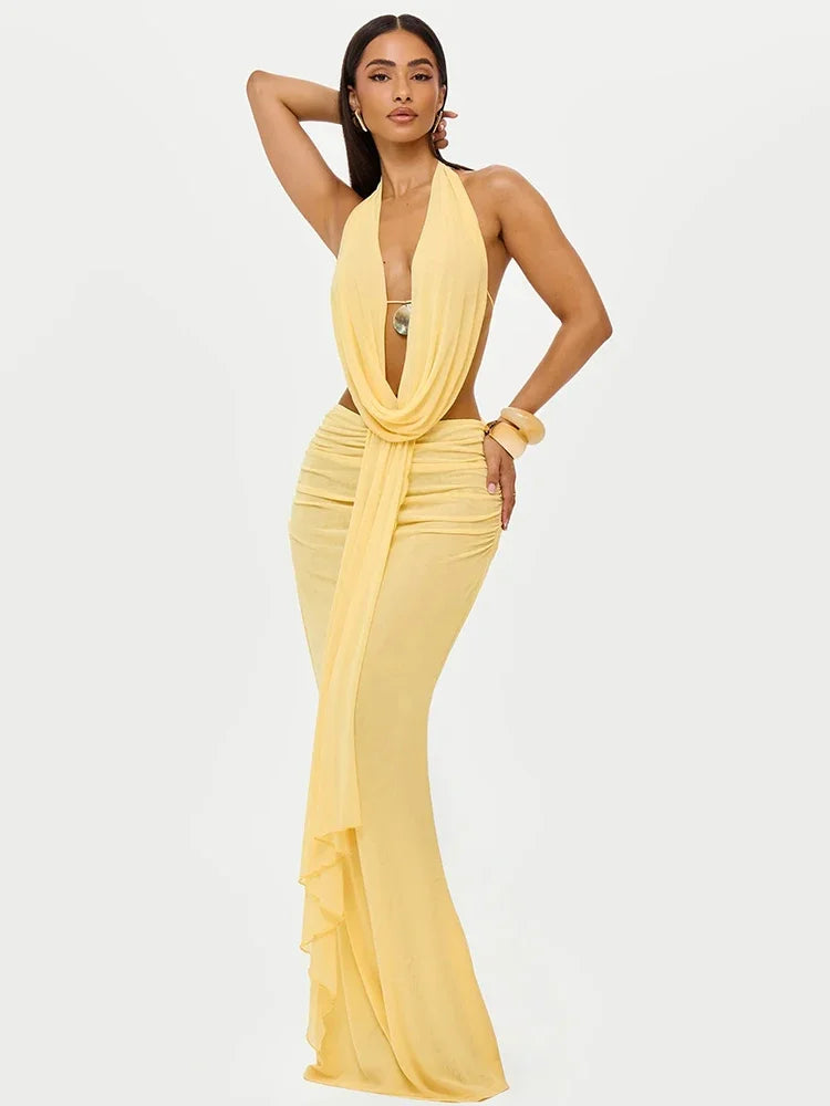 Sexy Dress Set Women Halter Crop Top And Maxi Skirt Matching Sets Female Elegant Beach Club Party Skirt Two Piece Set