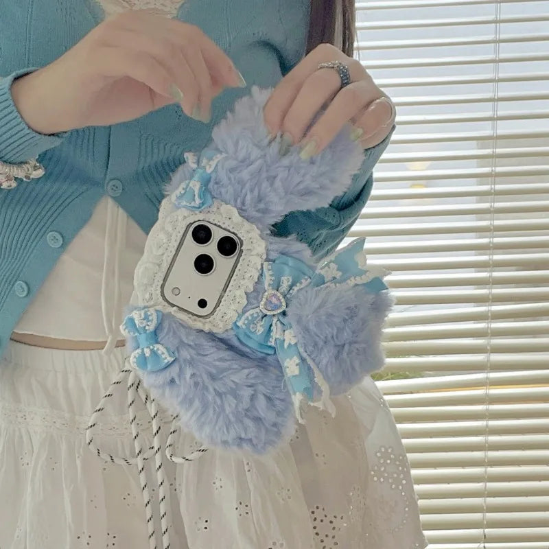 Plush Cute pink blue rabbit  Phone Case for IPhone17 16 15 14 13 Pro Max Soft Silicone Warm Fur Anti-drop luxury Back Cover