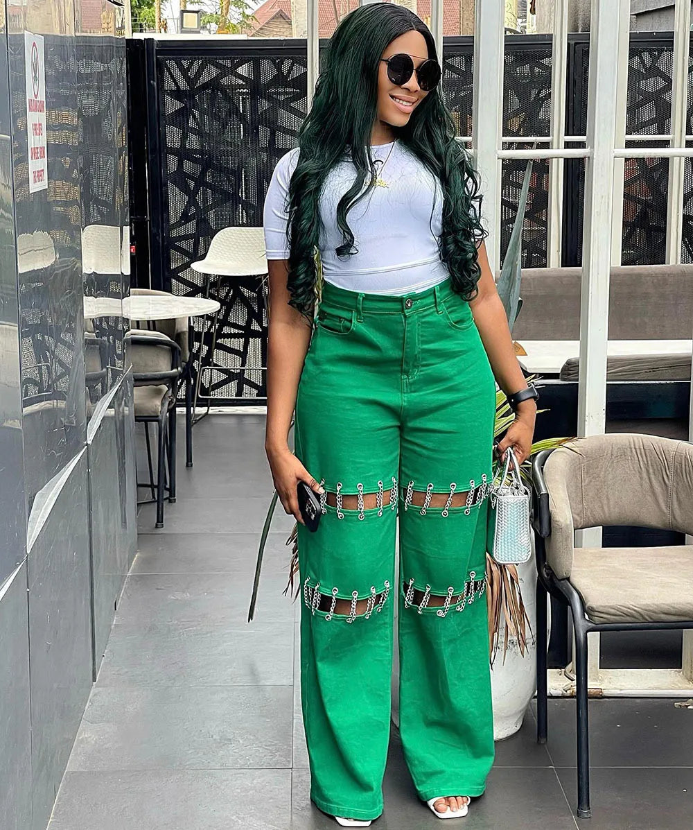 High Waist Green Ripped Chain Decoration Patchwork Wide Leg Denim Pants Women Fashion Casual Personality Trendy Long Trousers