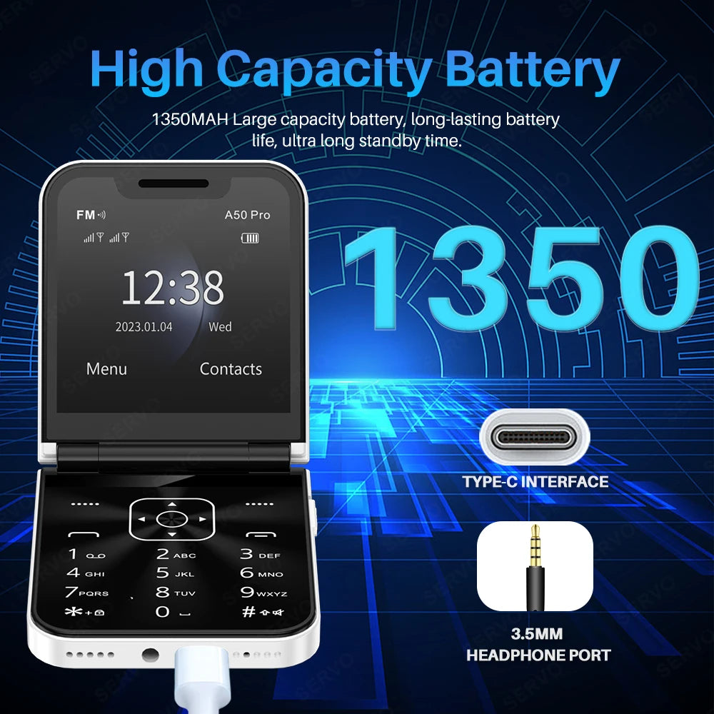 SERVO A50 PRO Flip Mobile Phone 2G GSM 2.4" Display Auto Call Recorder Speed Dial 2 SIMs Foldable Telephones Official Authentic