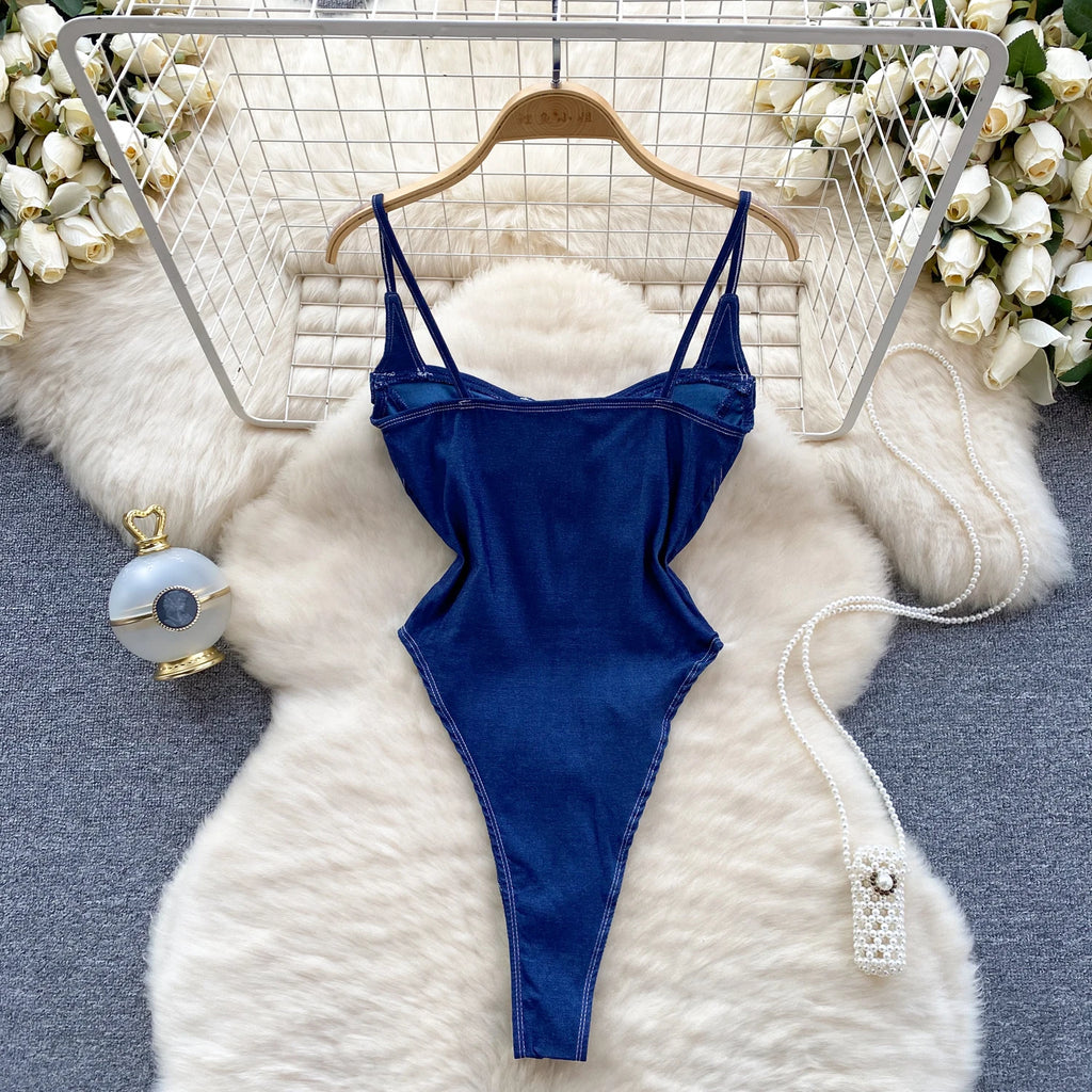 SINGREINY American Vintage Denim Bodysuits Spaghetti Strap Skinny Women Playsuits Fashion Streetwear Slim Sexy Zipper Rompers