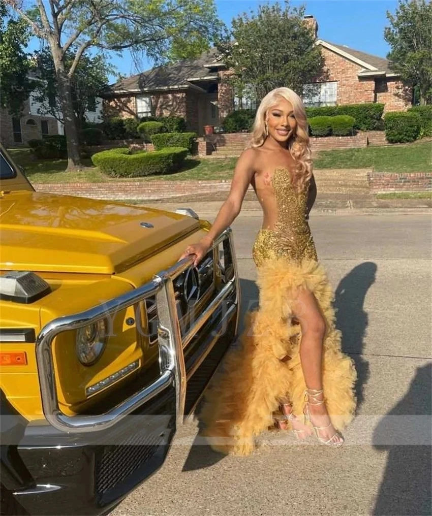 Gold Long Prom Dress For Black Girls Rhinestones Bead Diamonds Ruffles High Slit African Birthday Party Evening Gown Customized