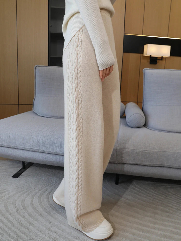 100% Merino Wool Wide Leg Pants Women's Elastic Waist Twist Flower Jacquard Trousers Autumn Winter Soft Solid Knitted Wool Pants