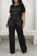 Wmstar Women Two Piece Set Spring Female Casual Shinny Sequin Round Neck Fashion Solid Short Sleeved Tshirt Wide Leg Pants Suit