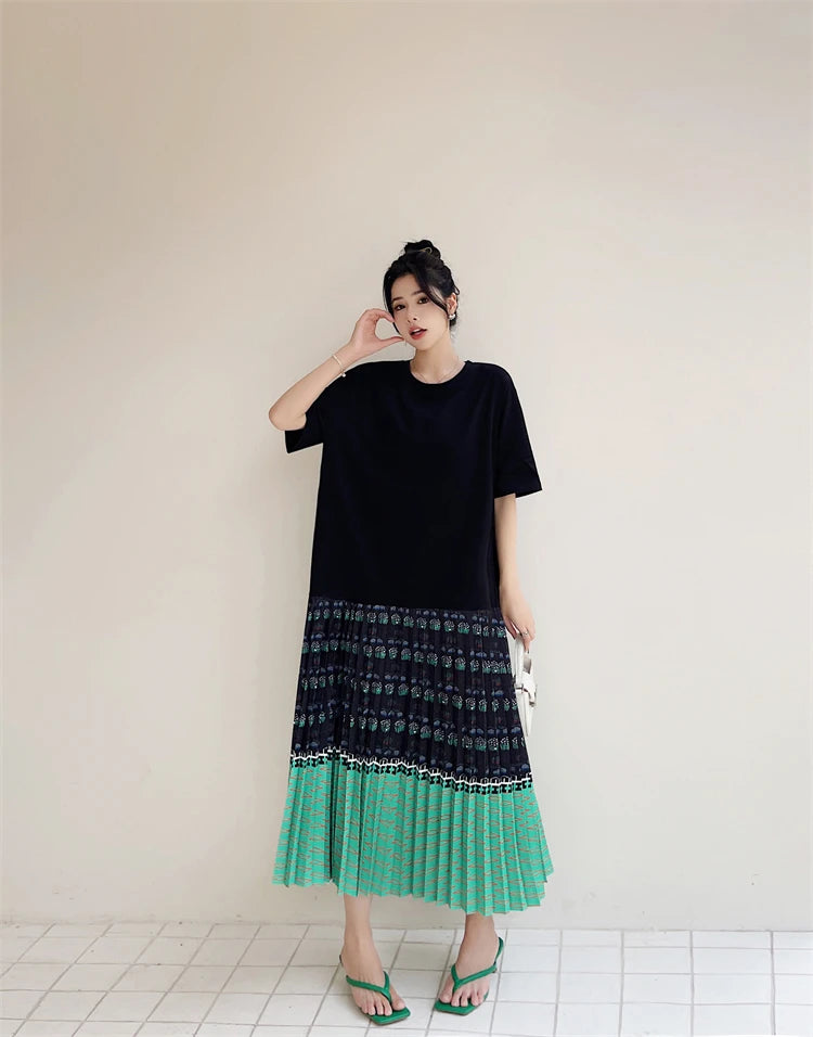 NYFS 2026 Summer New Korean Woman Dress Vestidos Robe Elbise Loose Plus Size Short Sleeve Patchwork Two Fake Pieces Long Dresses