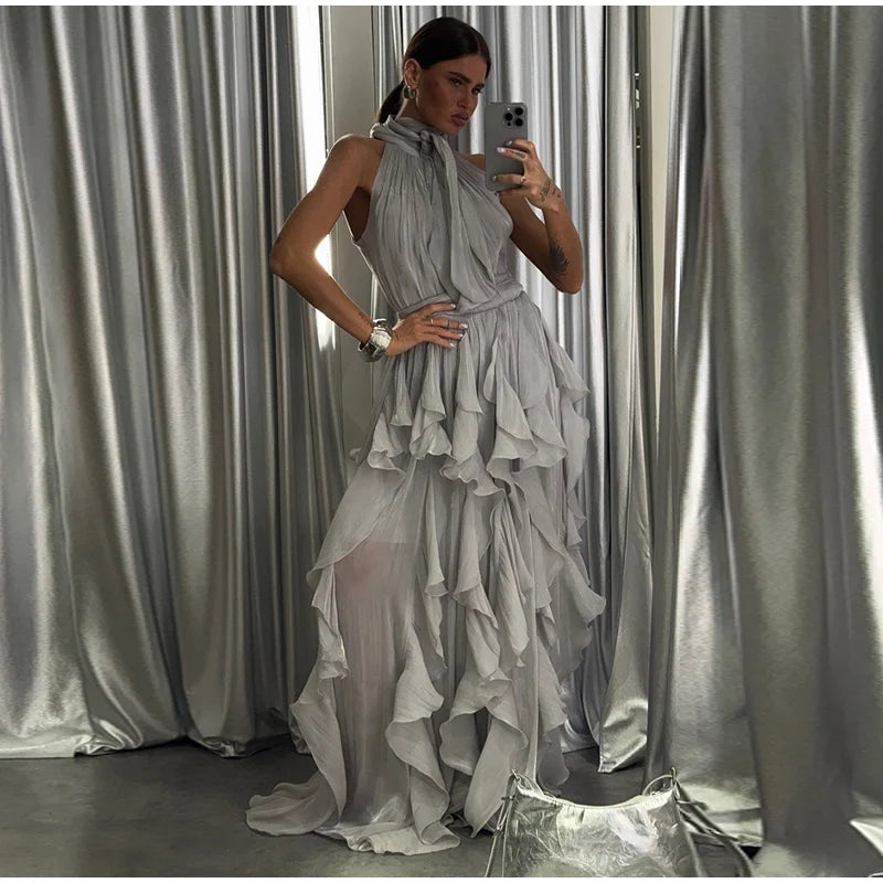 Fashion Halter Ruffle Long Dress Women Chiffon Sleeveless Ruffled Tiered Waist Cinching Party Dresses Lady Holiday Y2K Chic Robe