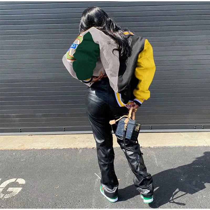 Women Patchwork Contrast Color Letter Embroidery Jackets 2025 Fashion Single Breasted Coat Female Full Sleeve Streetwear XS-4XL