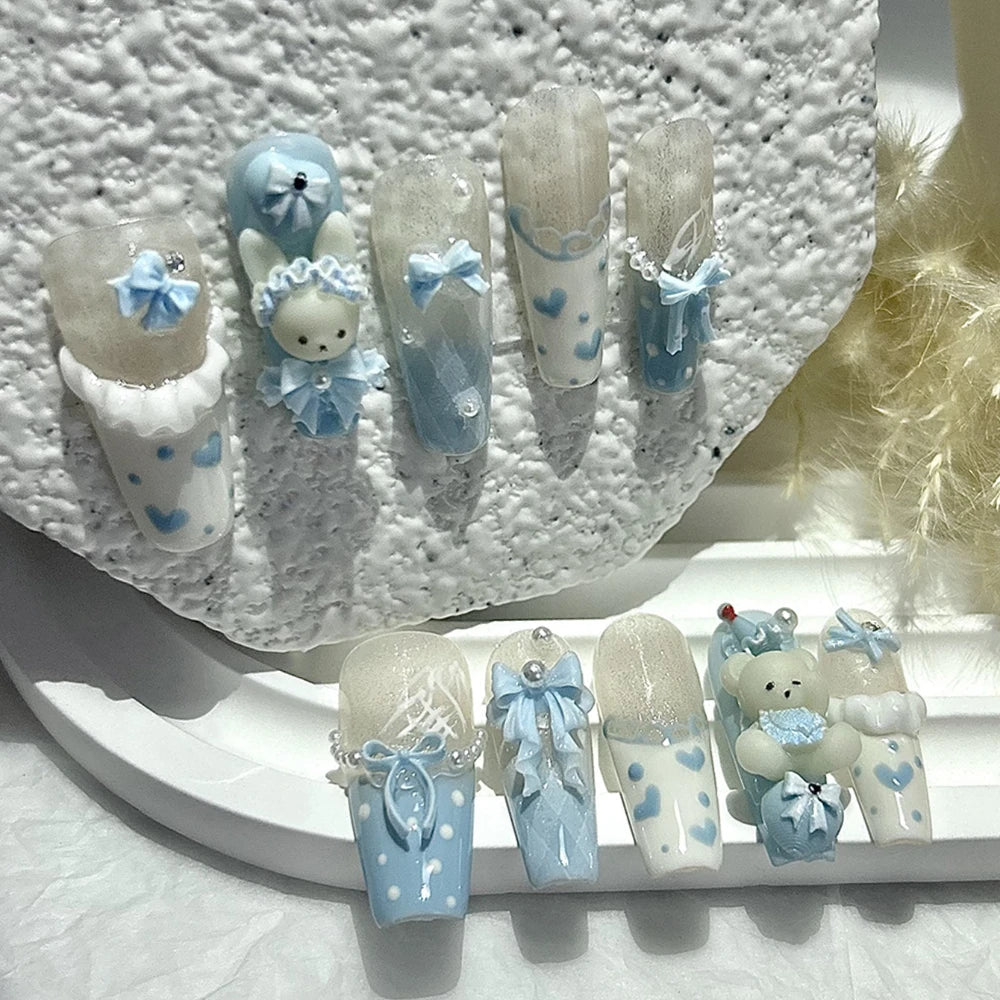 10PCS Kawaii 3D Bow Teddy French Handmade Press On Nails Cute Blue Bunny Long Fake Nails Pearls Heart Polka Dot Girl Nail Art