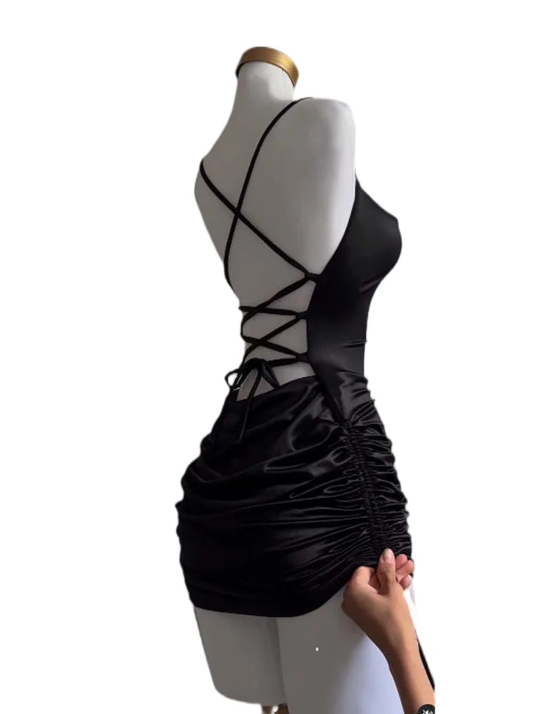 Y2K Sleelveless Backless Mini Dress Women Summer 2025 Europe America Lace Up Bodycon Dresses High Street Party Club Black Dress
