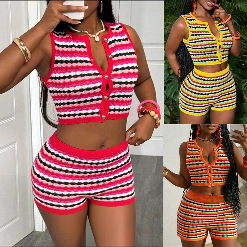 Sexy 2 Piece Shorts Set Women Outfit Knitted Striped Tank Top and Short Suits 2025 Summer Casual Vacation Sets Y2k Tracksuit