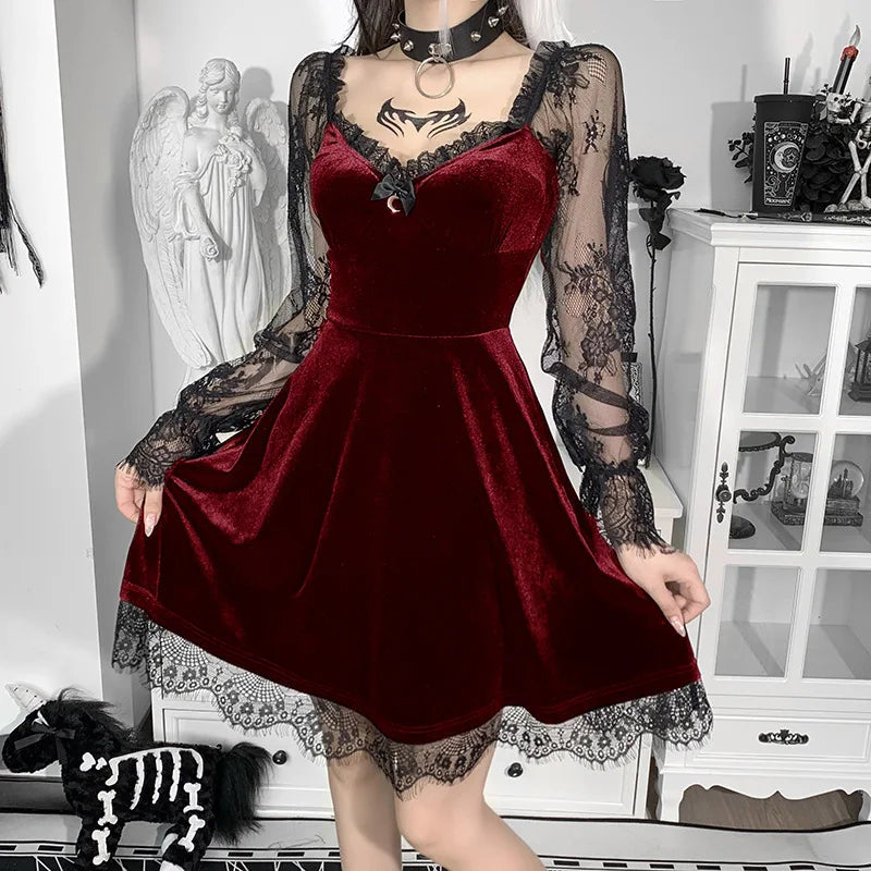 Women's Dress Gothic Style Female Dress Solid Color Lace Stitching V-Neck Long Flare Sleeve Party Clubwear For Ladies Y2k