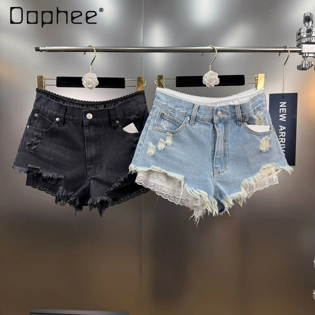 Summer 2025 New French Retro Lace Splicing Ripped Rough Edge Fake Two-piece Denim Shorts Spice Girl Y2K High-waisted Slim Jeans