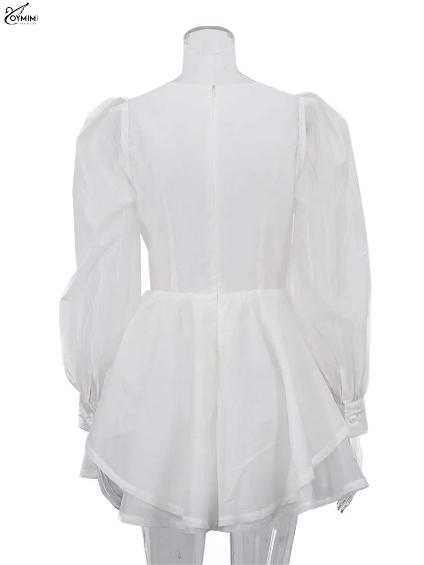 Oymimi Women's White Mini Dress 2026 Spring Deep V-Neck Puff Sleeve Corset Tiered Ruffle Sheer Casual Party Fashion Trendy Wear