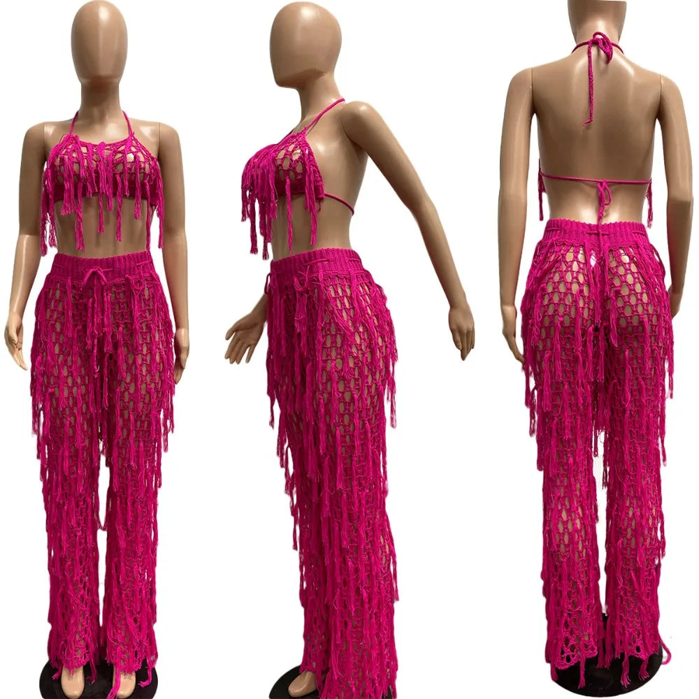 FAGADOER Sexy Hollow Out Tassels Pants Two Piece Sets Women Halter Sleeveless Backless Crop Top + Pants Outfit Female Streetwear