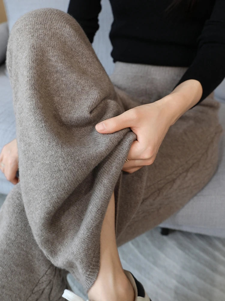 100% Merino Wool Wide Leg Pants Women's Elastic Waist Twist Flower Jacquard Trousers Autumn Winter Soft Solid Knitted Wool Pants