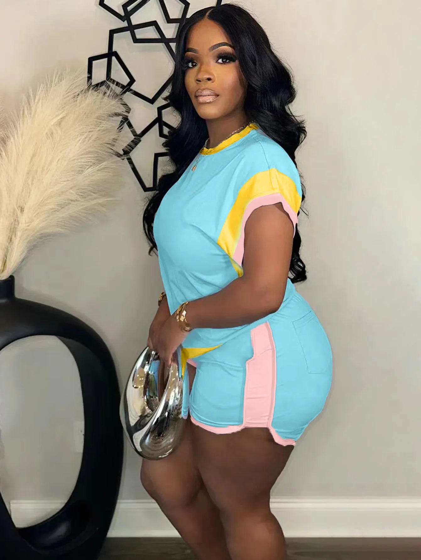New Patchwork Casual Sporty 2 Piece Sets Women 2025 Summer Trend O-Neck Short Sleeve Tops And Shorts Matching Fitness Tracksuits