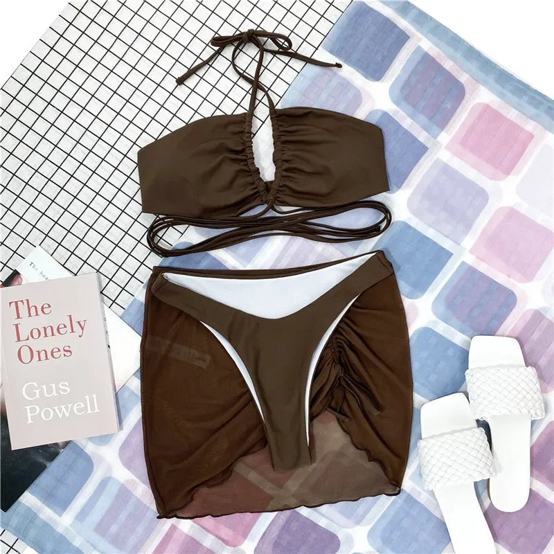 3 Pieces Cross Halter Bikinis Set 2025 Skirt Swimwear Women High Waist Drawstring Bandage Swimsuit Summer Biquini