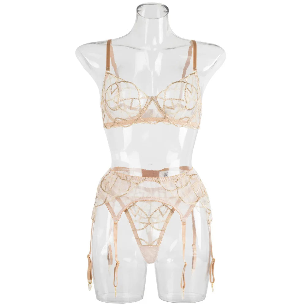 Diccvicc Elegant Lace Lingerie See Through Embroidery Floral Women Underwear 3 Pieces Bra Garter Set Sexy Outfit Intimate Kits