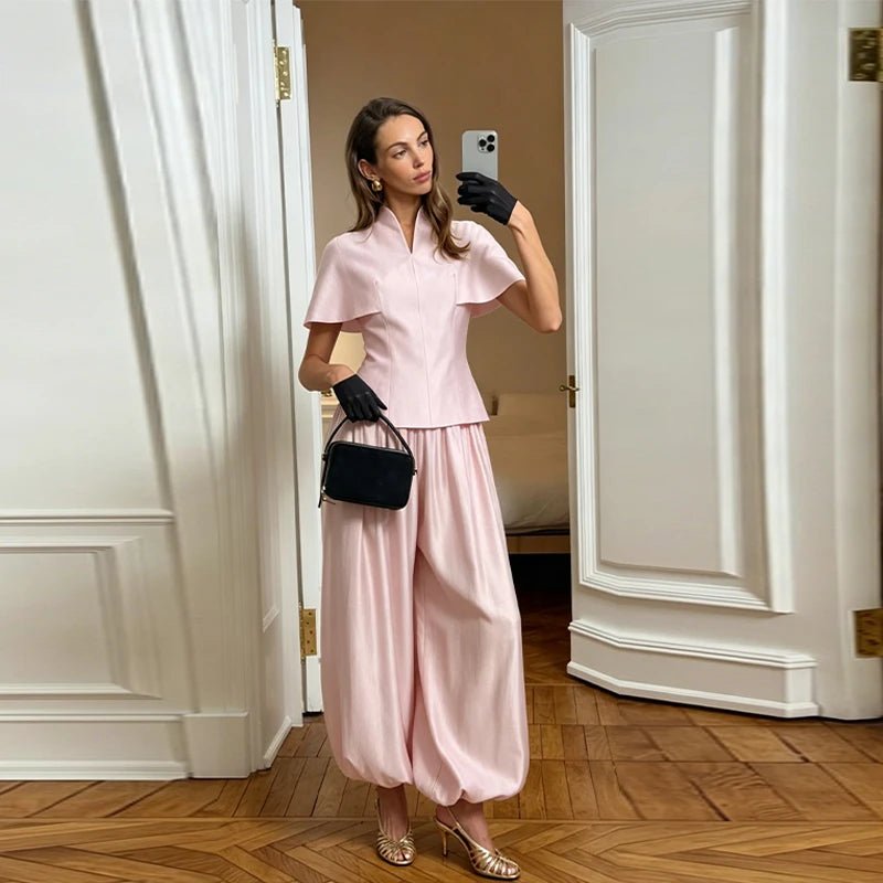 Casual Summer Women's Suit Solid Patchwork Top Long Pants Sets V-neck Short Sleeve Tops Loose Lantern Pant 2026 Lady Chic Suits