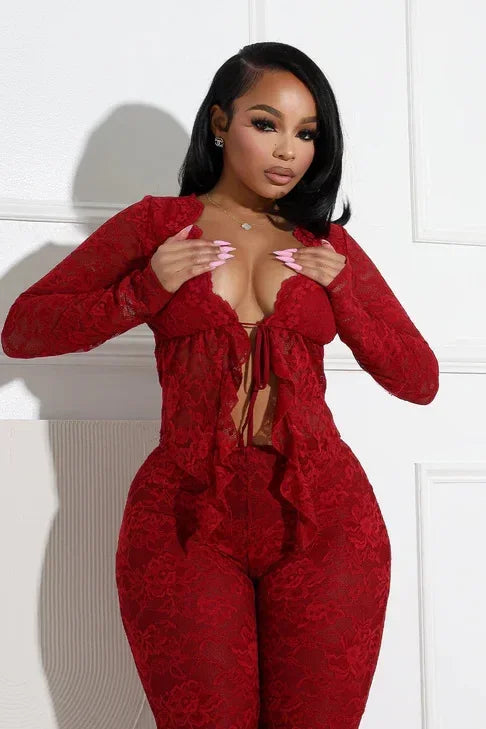 2026 Women's Set Long Sleeve Lace See Through Shirt + Long Pants Street Evening Sexy Two 2Piece Sets Outfits Tracksuit