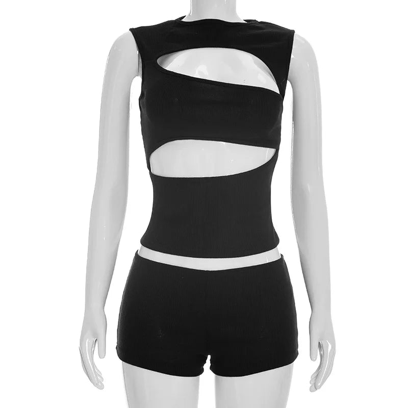 Sexy Hollow Out Clubbing Woman Outfit Sets 2 Piece Rave Festival Clothing Party Knit Top and Shorts Matching Set Conjunto Verano