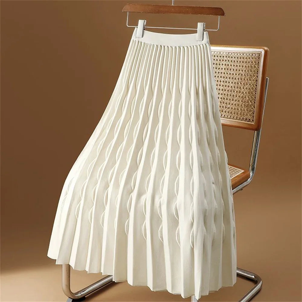 2024 korean fashion Autumn Winter New Women's Solid Colors High Waist Loose Elastic Pleated A-Line Black Skirt women clothing