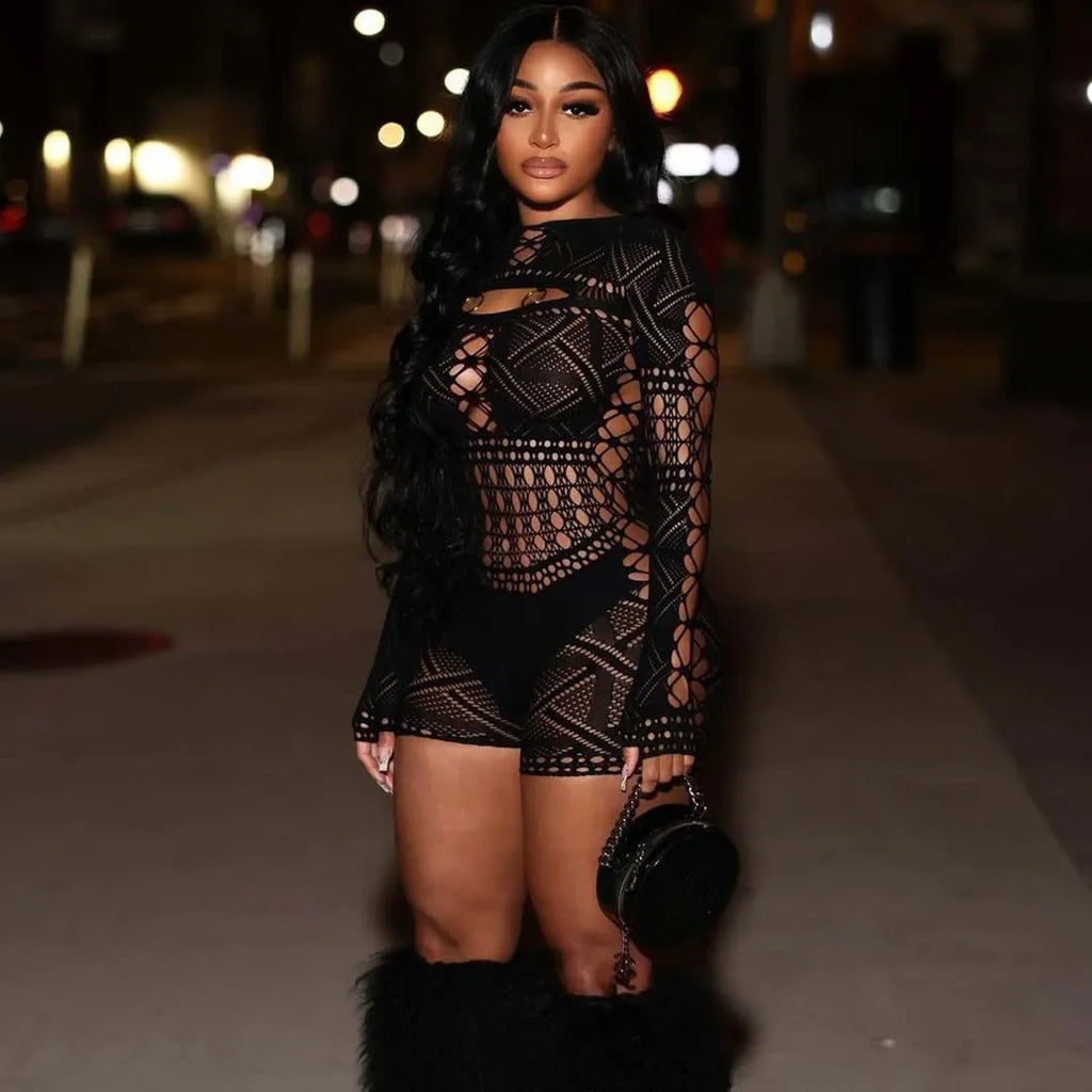 Women's Sexy Long Sleeve Jumpsuit See Through Outfit Sheer Mesh Hollow Out Night Club Short Romper
