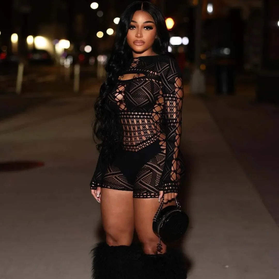 Women's Sexy Long Sleeve Jumpsuit See Through Outfit Sheer Mesh Hollow Out Night Club Short Romper
