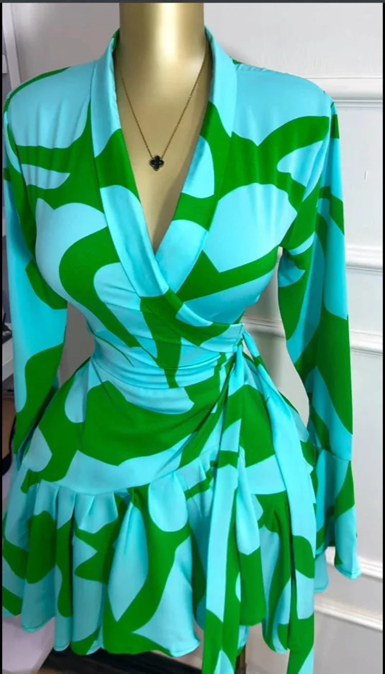 Elegant Women Tie Dye Print Flare Long Sleeve Wrap V-neck with Sashes Ruffle Dress 2026 Elegant Vacation Party Birthday Dresses
