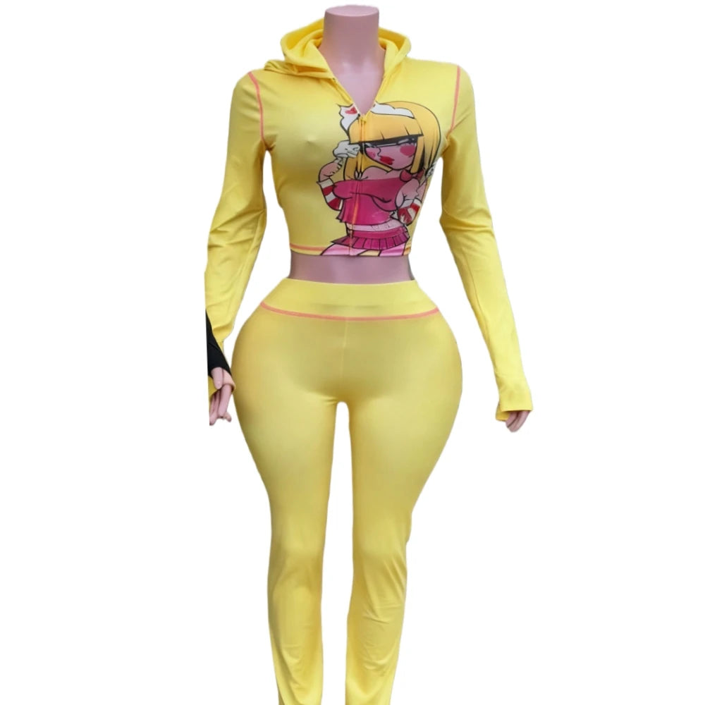 HLJ Y2K Trend Fashion Pattern Print Hooded Two Piece Sets Women Zip Long Sleeve Slim Crop Top + Skinny Pants Outfits Streetwear