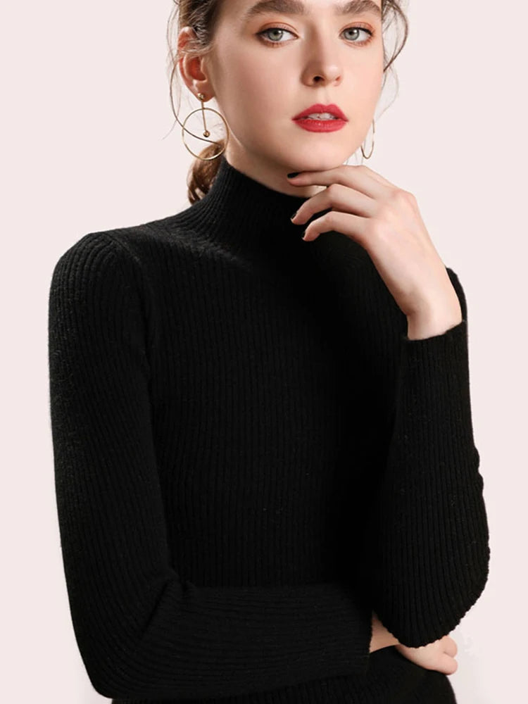 Autumn Winter Women Pullover Sweater Fashion Half Turtleneck Knitted Female Jumper Long Sleeve Winter Soft Elastic Tops