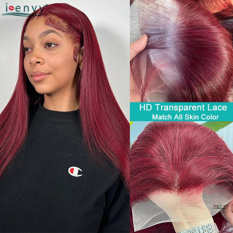 99J Red Colored Lace Front Human Hair Wigs Silky Straight 13X4 13X6 Burgundy Hd Transparent Pre Plucked Lace Frontal Wigs 180%
