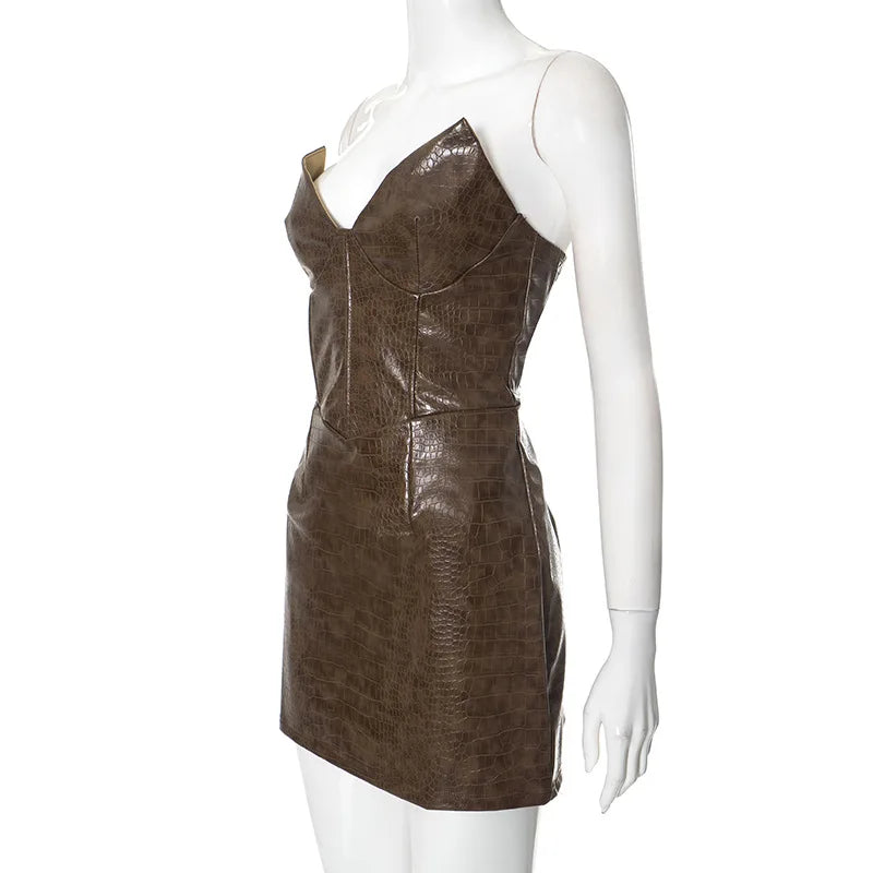Nsauye New Elegant Sexy Fashion Leather Strapless Women Dress Night Club Evening Party Short Bodycon High Waisted Dress 2025