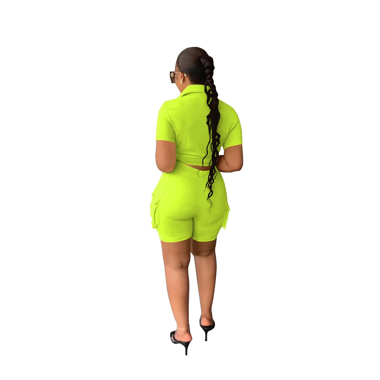 Women Shorts Two Piece Set Turn Down Collar Shirt Button Lace Up High Waist Short Sets Pockets Elegant Lady Streetwear Suit