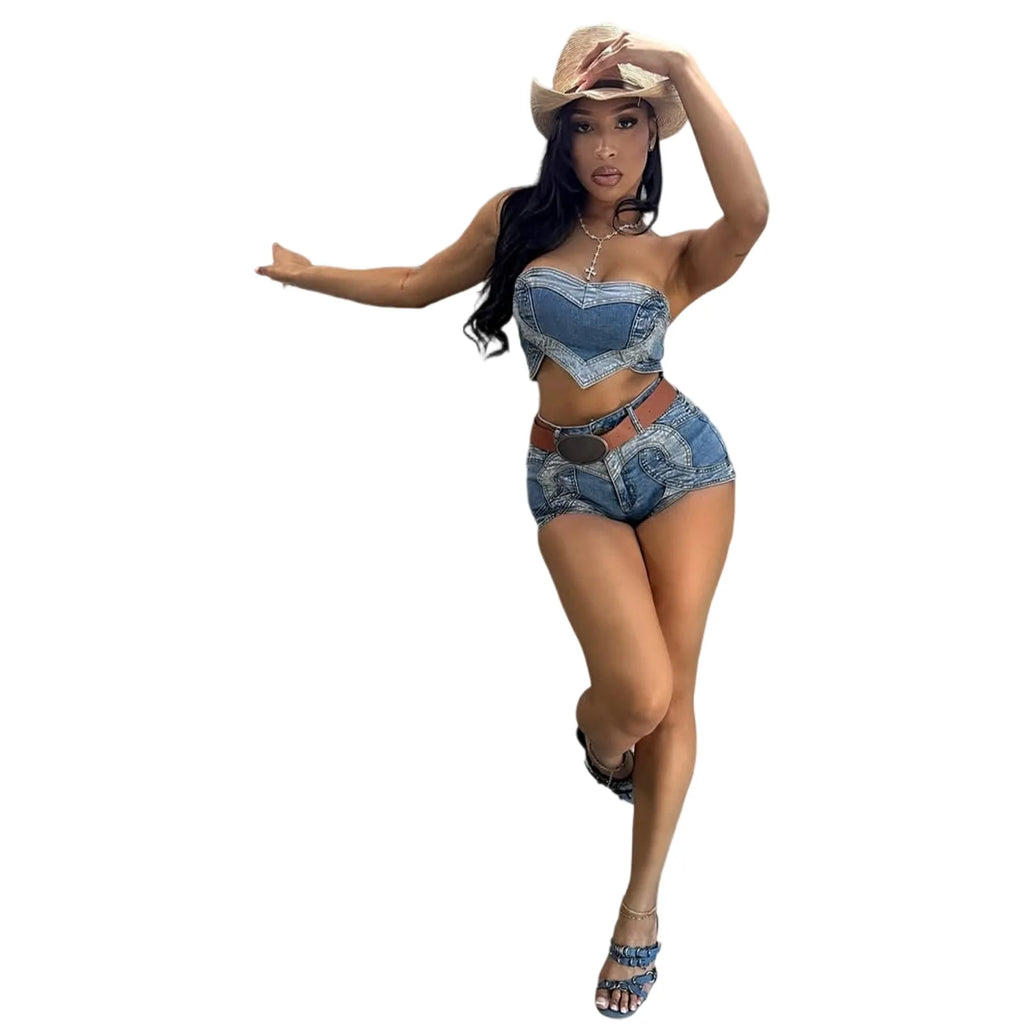 Denim Short Sets Women Strapless Tops Sexy Two Piece Set Y2k Streetwear High Street Jeans Shorts Lady Slim Fit Sleeveless Summer
