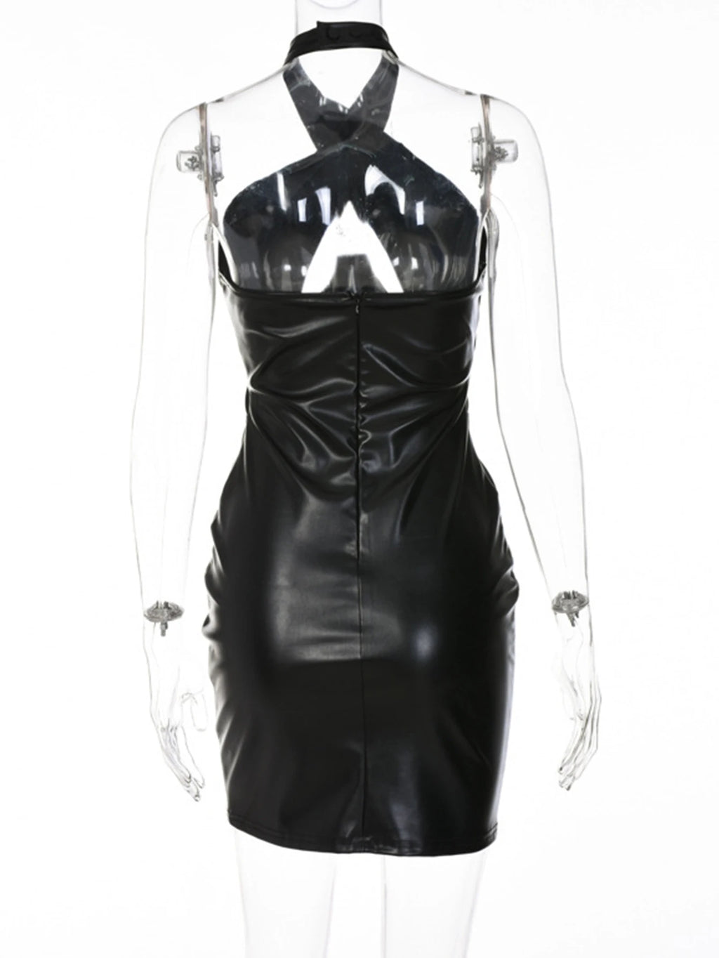 Sexy backless black corset leather summer dress women 2026 halter club birthday party dress woman PU mini bodycon dress vestidos