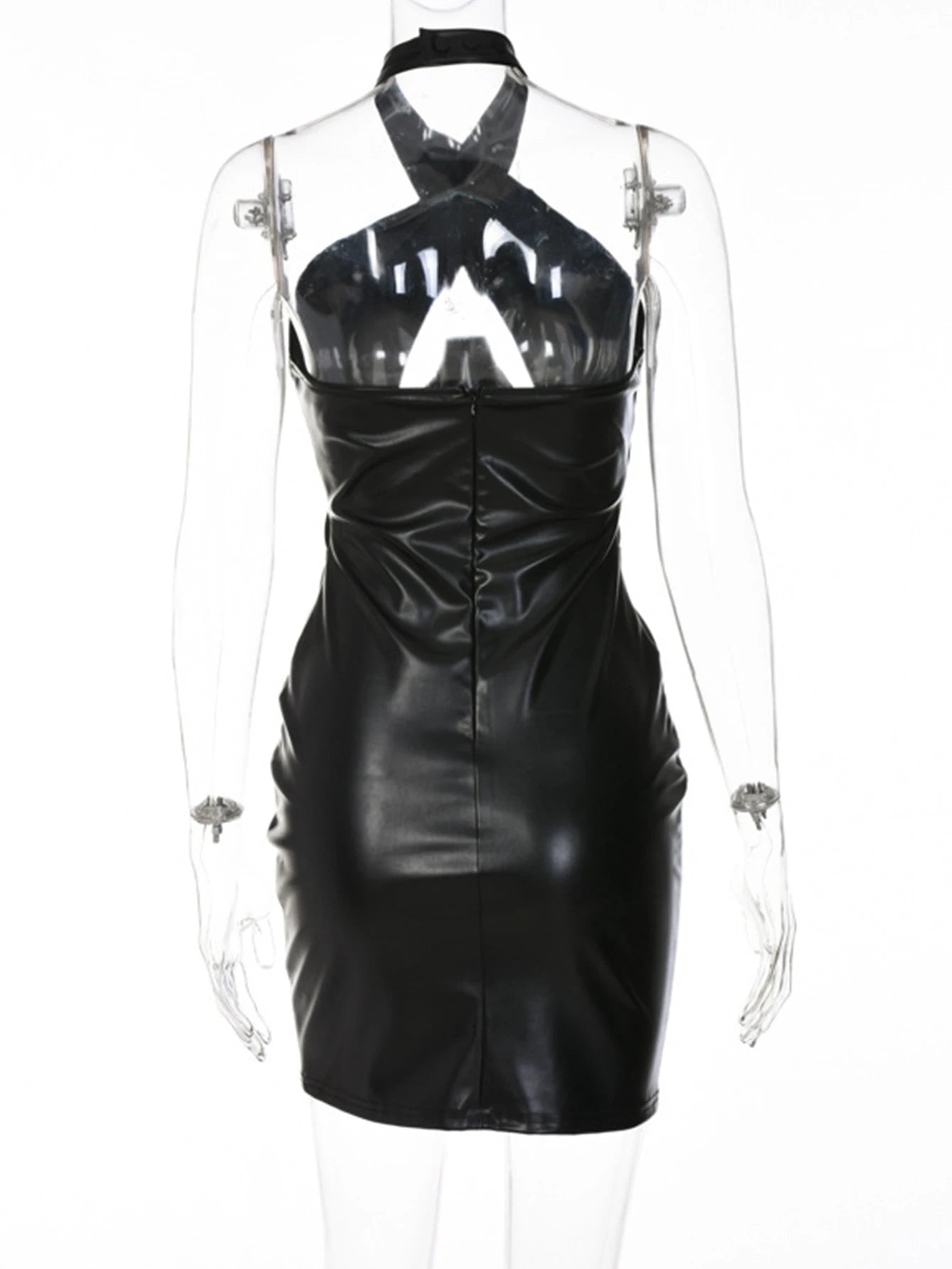 Sexy backless black corset leather summer dress women 2026 halter club birthday party dress woman PU mini bodycon dress vestidos