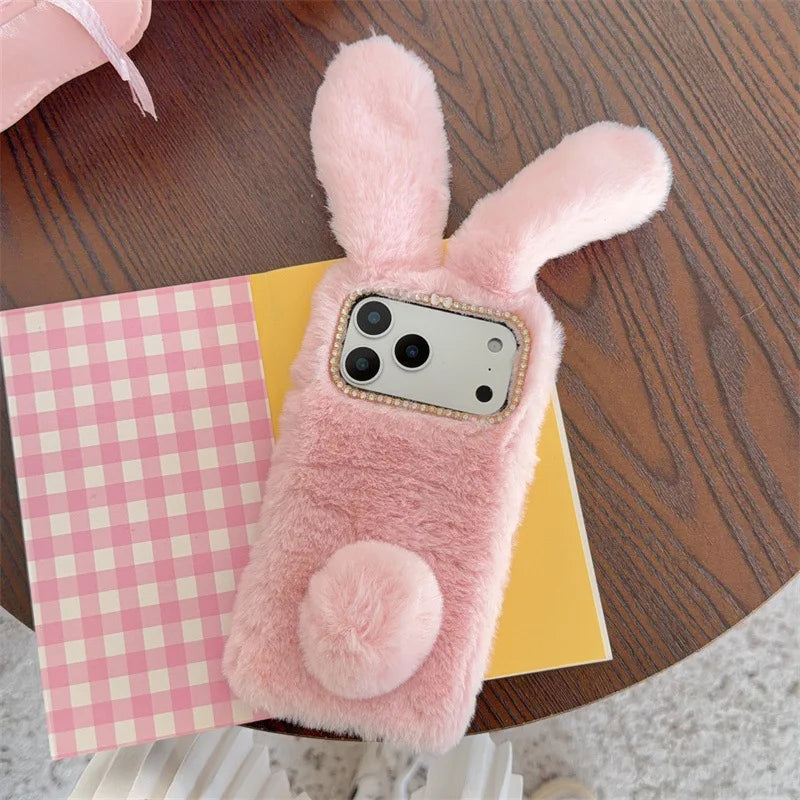 3D Cute Rabbit Ears Warm Furry Plush Bunny Phone Case For iPhone 17 Air 16 15 14 13 12 11 Pro Max XS XR X Plus Shockproof Cover