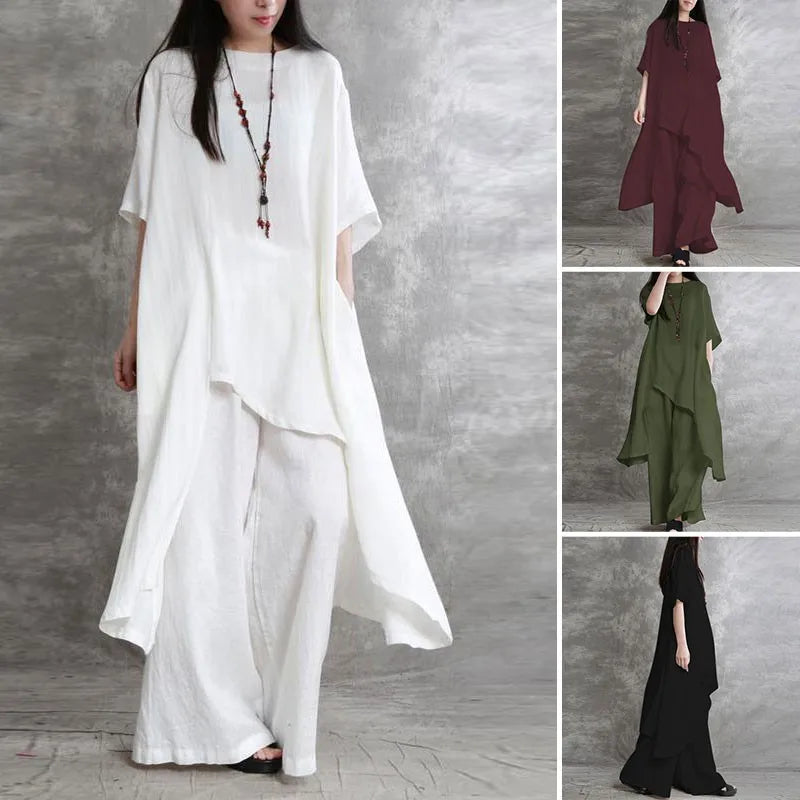 Loose Casual Cotton Linen Two Piece Set Fashion Round Neck Irregular Half Sleeved Extended Top Elastic Waist Wide Leg Pants Set