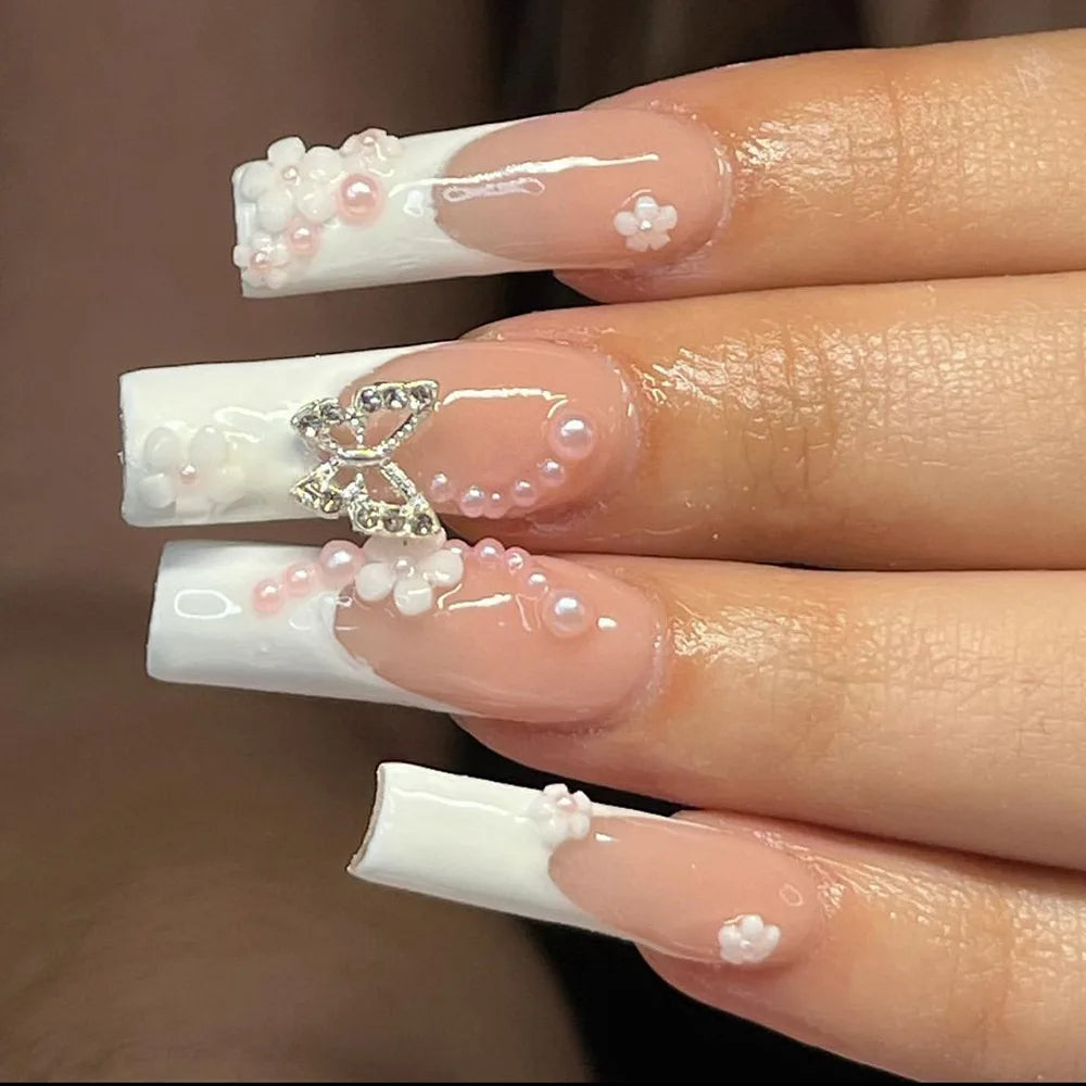 24pcs French Bow Press on Nails Extra Long Coffin Pink Sweet Nails Tips Love Pearl Diamond Fake Nail Square Ballet False Nail