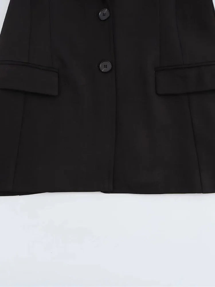 Retro Fashion Black Commute Professional Blazer Coats Deep V Shoulder Pads Suit Coat Jacket Women Waist Cinched Office Outwear