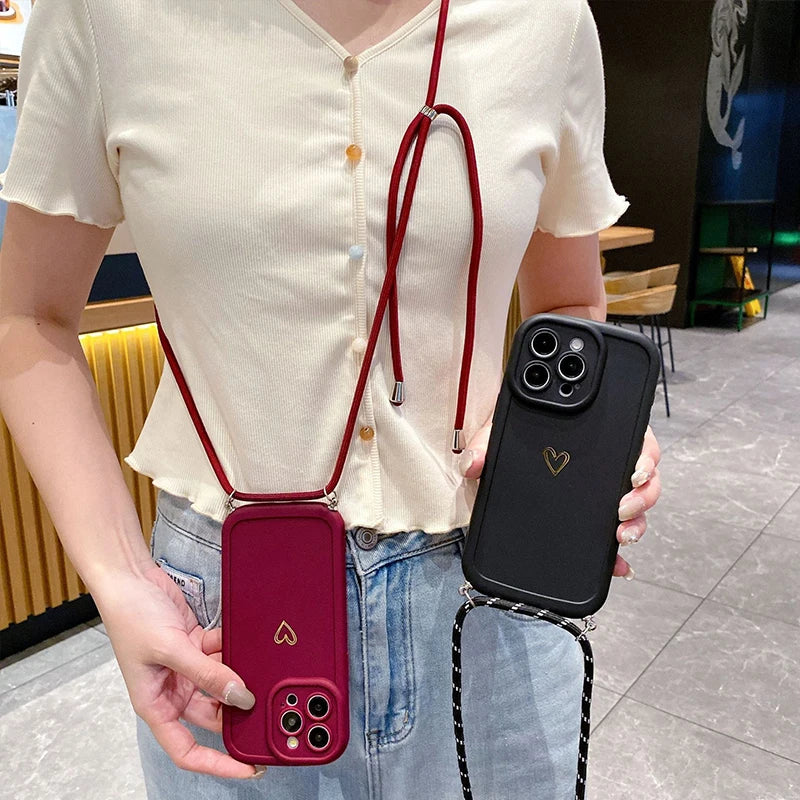 With Lanyard Love Phone Cases for IPhone 17 16 15 14 13 12 11 Pro Max Crossbody Silicone Back Cover
