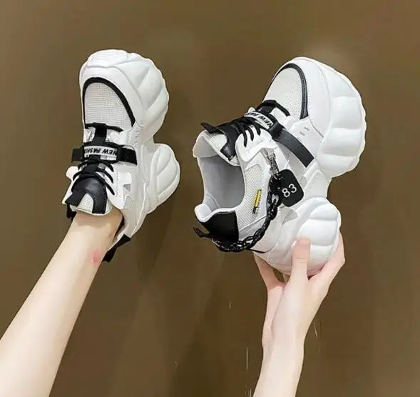 NEW Breathable Mesh 10CM Chunky Sneakers for Women Non Slip High Platform Sports Dad Shoes Woman Lace Up Thick Sole Casual Shoes
