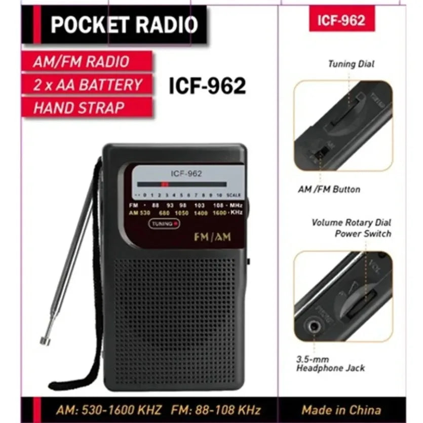 XIKCU ICF-962 Mini Radio FM- AM Battery Operated Portable Radio Best Reception Longest Lasting For Running Walking Home Soundbox