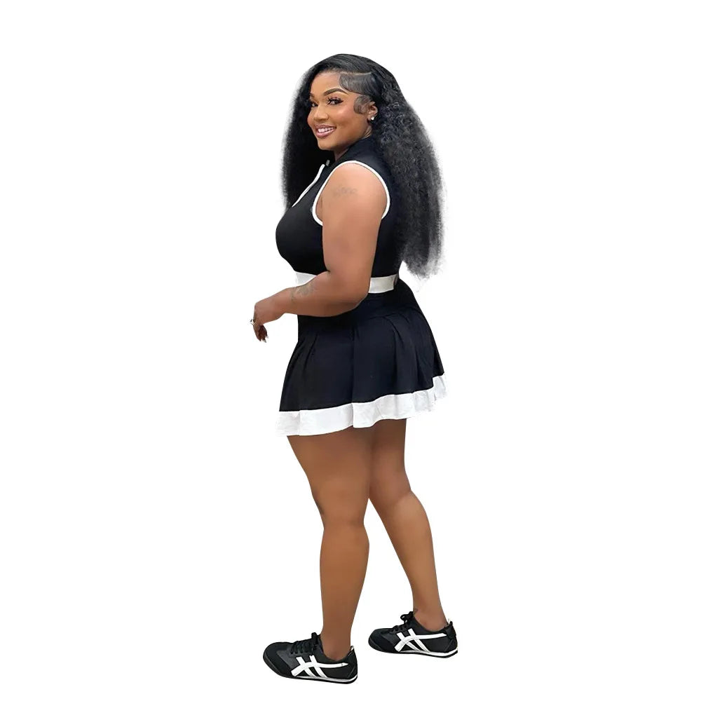 Women Two Piece Sets Shorts Skirt Set Zipper Sleeveless Sexy Tops Short Skirts A Line High Waist Y2k Streetwear Elegant Work