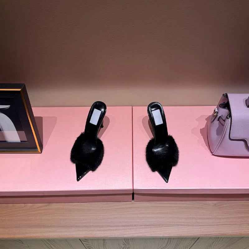 Women's Fox Fur High-Heeled Slippers Stiletto Heel Mules Open Toe Slip On Sandals Suede Upper Party Clubwear Elegant Sandals