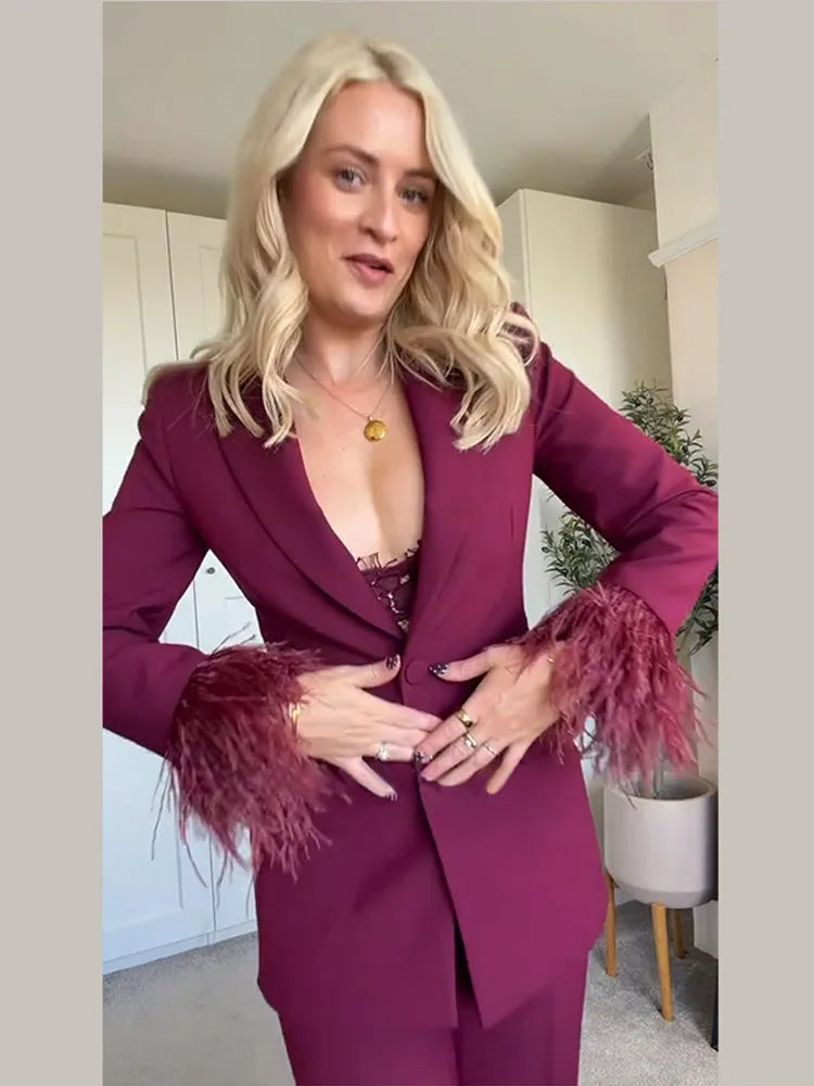 Elegant Feathers Women Blazer Pants Suit Lapel Button Coat Straight Wide Leg Trousers Lady Set 2026 Spring Female Outfits