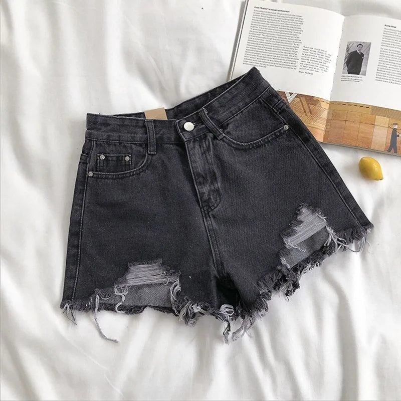 Korean Denim Shorts Women Summer Fashion Casual High Waist Ripped Jeans Pocket Tassel Hot Pants Streetwear Blue Trousers