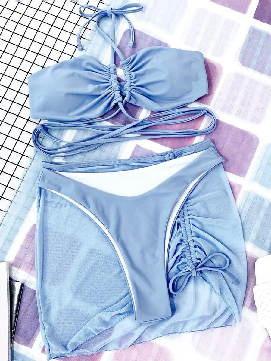 3 Pieces Criss Cross Halter Bikini 2026 Women & Beach Skirt Swimwear Female Sexy Swimsuit Beachwear Bathing Swimming Suit